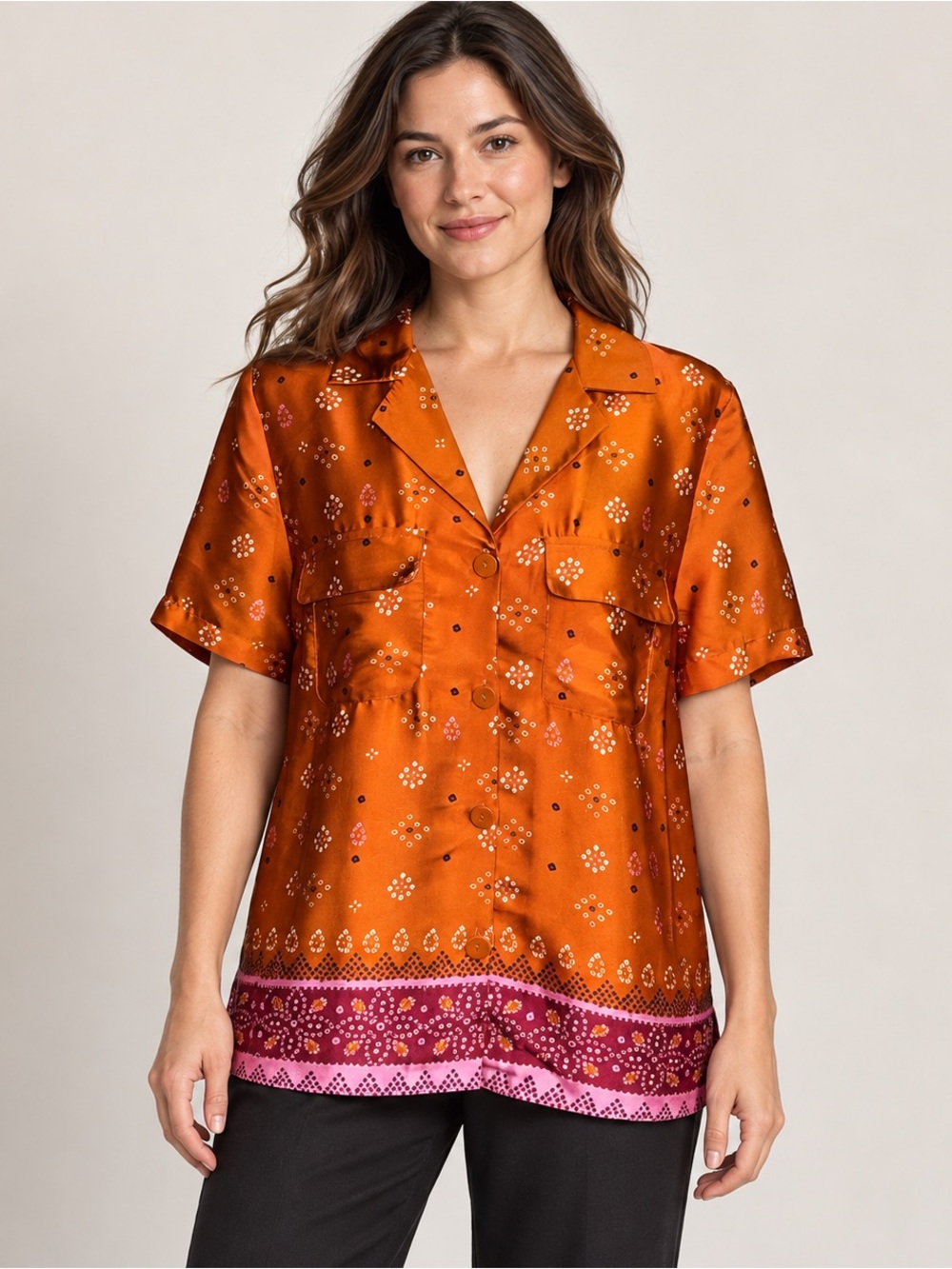 Bright boho retro vibe satin camp collar blouse short sleeve border print button